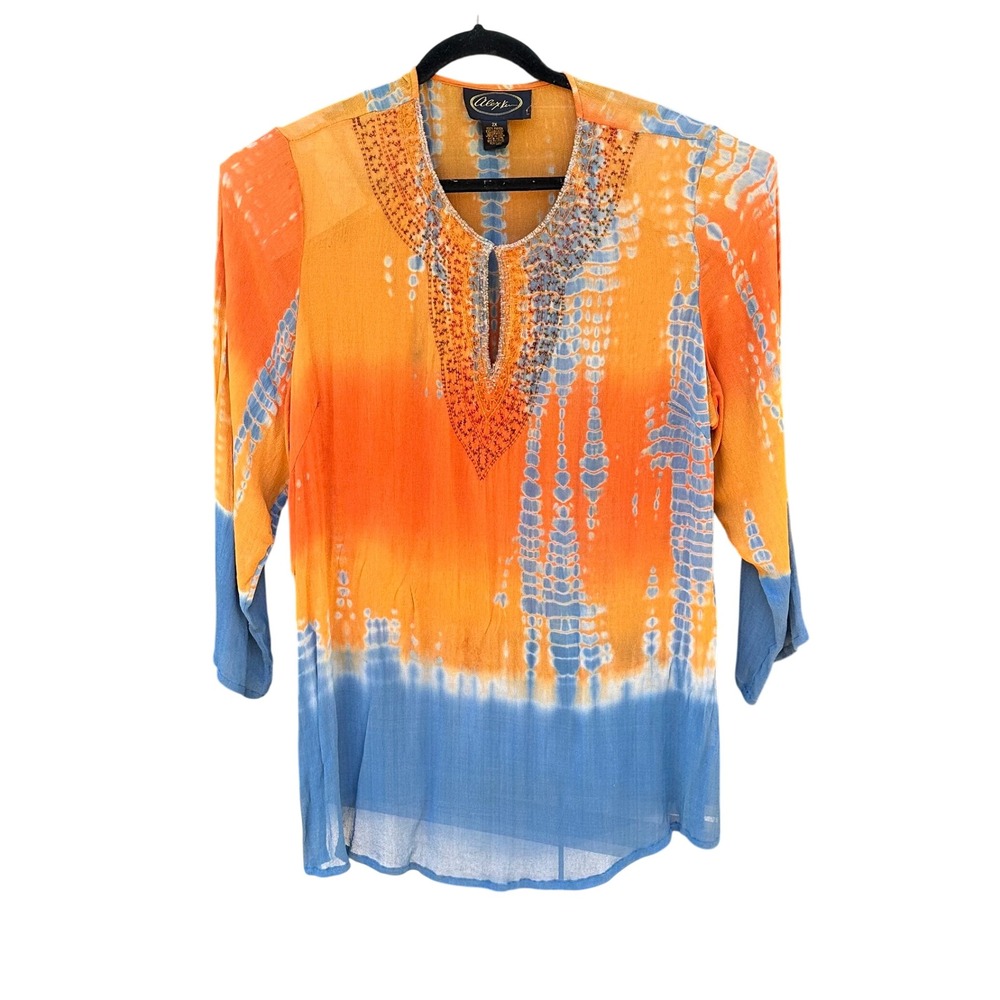 Alex Kim Boho Tunic Blouse Beaded V-Neck Top Orange Blue Tie Dye 2X Glam